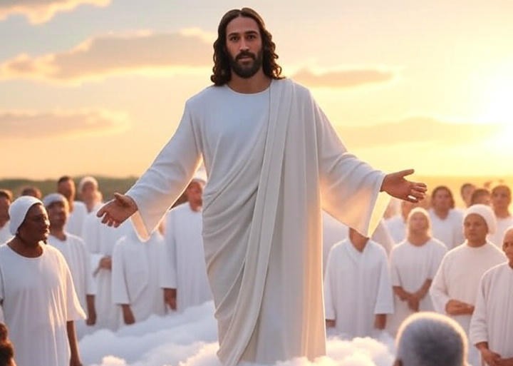 Jesus coming to earth, surrounded by people dressed in white.